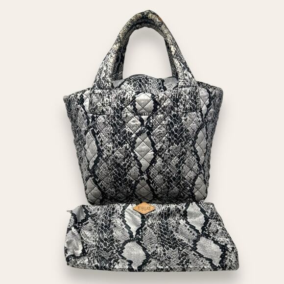 MZ Wallace Metro Tote Mini Quilted Travel Bag Snakeskin Printed Nylon Leather - Picture 1 of 11